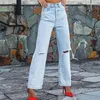Women's Jeans Light Blue Straight Leg Baggy Women 2023 Summer Trend High Waist Show Thin Ripped Fashion Casual Pant Long