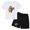 Kläderuppsättningar 2023 Fun Bear Car Invertered Print Boy/Girl T-shirt Top Shorts 2 Piece Set Kids Summer Baby Sweet Athleisure Suit For Ages 3-14