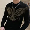 Suéteres masculinos outono inverno design estilo coreano fino moda gola redonda lã manga comprida strass mais veludo suéter masculino