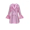 Women's Jackets Spring Women Satin Pink Double Breasted Suit Coat Slim Fit Elegant Office Ladies Fashion Flare Sleeve Vintage Outerwear