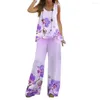 Women's Two Piece Pants Women Summer Suit Floral Print Sleeveless Vest Wide Leg Set Casual Breathable Outfit For