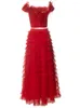 Arbetsklänningar Sommarkvinnor Set av hög kvalitet Vintage Luxury Feather Sexy Red Tops Cake Long Half kjol Casual Elegant Fashion Suit