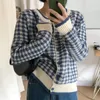 Suéter Feminino Suéter Xadrez Preguiçoso Manga Longa Cardigã Solto 2023 Outono Jaqueta Tricô Coreana