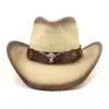 Western Straw Cowboy Hoed Koe Hoofd Riem Unisex Spray Paint Cowgirl Hoed Roze Brede Rand Zonnehoed Panama Cap Sombrero para Mujer