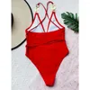 Kvinnors badkläder Sexig solid röd en bit baddräkt 2023 Women Metal V Neck Backless Swimming Bathing Tummy Control Monokini