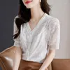 Blusas para mujer, cárdigan con botones de perlas, camisa para mujer, verano 2023, cuello en V Vintage, manga corta, blusa blanca bordada de encaje, elegante oficina para mujer