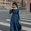 Casual Dresses 2023 French Square Collar Belt Long Denim Elegant Women Sleeve Slim Jeans Vintage Autumn Office Midi Dress