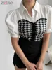 Women's Blouses Shirts Patchwork Women Summer Patchwork Houndstooth Shirts Short Puff Sleeve Black Blouse White Plaid Slim Shirt Crop Top Blusas Mujer J230802