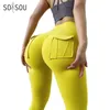 Yoga kıyafeti soisou naylon tozluk kadın pantolon spor yoga pantolon seksi sıkı bel elastik kadın külot cep legging mujer 230801