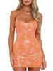 Casual Dresses Women s Glitter V-Neck Sequin Mini Dress with Crisscross Back Straps-Sexig hög midja A-Line Party Sparkle