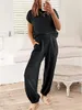 Women's Two Piece Pants Hirigin Casual 2 Outfits Lounge Sweater Set Rib Knit Short Sleeve Pullover Tops And High Waisted Wide Leg