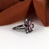 Anéis de casamento de luxo feminino cristal flor anel charme cor preta pedra rosa para mulheres noiva zircão noivado