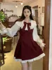 Sukienki swobodne słodka sukienka garnitur kobiety kawaii Ruffles łuk koszula z długim rękawem czerwony poślizg Preppy styl plisowany moda koreańska