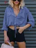 Damesblouses Sexy Denim Damesoverhemden Crop Tops Lente Blauw Casual Lange mouw Trekkoord Taille Botton Jeansjack Losse Blusa Feminina