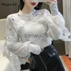 Women's Blouses Shirts New Crochet Lace Blouse Women Chic Ruffle Lace Stitching Shawl Ladies Stand Collar Tops 2021 Spring Long Sleeve Slim Shirt13025 J230802