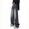 Women's Jeans Vintage Washed High Waist Straight Women Brushed Edge Wide Leg Floor Denim Trousers Female Fashion American Retro Pant 90s