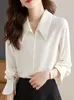 Women's Blouses Autumn Winter Green Satin Blouse Women Long Flare Sleeve Button Up White Shirts Office Lady Vintage Tops Female Casual