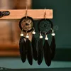 Vintage Bohemian Dream Catcher Wood Bead Feather örhängen för kvinnor etnisk lång färgglada dingle örhängen avslappnad semestersmycken