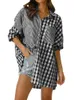 Kvinnors blusar Skjortor Kvinnors Casual Loose Plaid Long Shirt Blue Autumn Office Ladies Butt Batwing Sleeve Pocket Shirts Bluses Top Femme Black J230802