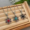 Necklace Earrings Set Vintage Bohemian Hollow Flower For Women Jewelry Ethnic Fashion Bule Beads Pendant