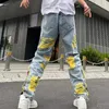 Mäns jeans 2023 Streetwear Men Stylish Hip Hop Ripped Patch Slim Fit Pants Casual Straight Denim Trousers
