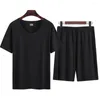 Men's Sleepwear 2 Pcs/Set Trendy Men T-shirt Shorts Set Short Sleeve Sportswear Breathable Pure Color Night Clothes