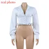 Chemisiers pour femmes Chemises VIBESOOTD Lace Up White Sexy VNeck Femmes Tops et chemisiers Manches longues Mode Crop Tops Chemises Dames Blouses Streetwear J230802