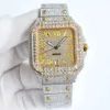 Men/Women Watch Yellow Full diamond men movement gold diamonds case 39.8x13.5mm Baguette stones bezel face L