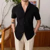 メンズカジュアルシャツ男性用サマーシャツニットワッフルキューバネックスリムフィットエラスティックショートスリーブ汎用性の高いソリッドブラックグリーン韓国