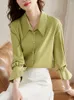 Women's Blouses Autumn Winter Green Satin Blouse Women Long Flare Sleeve Button Up White Shirts Office Lady Vintage Tops Female Casual