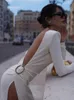 カジュアルドレスエレガントな白い長いイブニングドレス女性フルスリーブバックレスラウンドネックハイスプリットパーティークラブディナーベスティドファッション