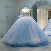 Bleu ciel scintillant robes De Quinceanera dentelle florale perles papillon princesse fête d'anniversaire bal Vestidos De 15 Anos