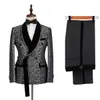 Smoking Estampado Leopardo Para Noivo Prata-Preto Ternos Masculinos 2 Pçs Calça Blazer Negócios Casamento Festa De Formatura Custom Made