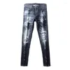 Мужские джинсы Street Fashion Men Men Retro Black Blue Elastic Strast Slim Slim Fit Ruped Beading Patched Designer Hip Hop Brants