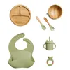Bowls 7Pcs Wooden Feeding Tableware Sets Kids Supplies Bamboo Dishes With Silicone Straw Cup Children Dinnerware Gift Set