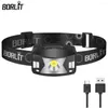 Lampes frontales BORUiT G7 Lampe frontale à capteur de mouvement 5 modes LED Type-C Phare étanche rechargeable Avertissement rouge Lampe de vélo en cours d'exécution