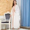 Etnik Giyim Eid Mübarek Saten Müslüman Kadın Açık Abaya Batwing Sleeve Maxi Elbise 2 Parça Set Dubai Kimono Ramazan İslami Kaftan Fas