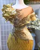 2023 Plus Size Árabe Aso Ebi Gold Vestidos de Baile Brilhantes Luxuosos Cristais Frisados Elegante Noite Formal Festa Segunda Vestidos de Recepção Vestido