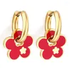 Hoop Earrings Refined Small Red Flower Shaped Pendant For Women Girls Kids Stainless Steel Anti Allergy Korea Trendy Ear Accessory