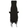 Casual Dresses BoozRey Fringe Sexy Strapless Backless Midi Dress For Women Club Party Frill Hem Sleeveless Slit Solid Clothes 2023