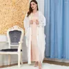 Etnik Giyim Eid Mübarek Saten Müslüman Kadın Açık Abaya Batwing Sleeve Maxi Elbise 2 Parça Set Dubai Kimono Ramazan İslami Kaftan Fas