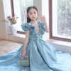 diamond Flower Girls Dresses Jewel Neck Sheer Long sequined Applique Big Bow Birthday Dresses Girls Pageant Gowns With Button Back blue shiny bling homecoming dress