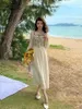 Casual Dresses French Retro Square-Neck Long Dress for Women Spring 2023 Floral Stitching midja Stängande smal långärmad