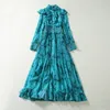 2023 Autumn Blue Contrast Color Ruffle Chiffon Dress Long Sleeve Stand Collar Panelled Long Maxi Casual Dresses S3Q270726