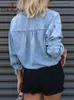 Damesblouses Sexy Denim Damesoverhemden Crop Tops Lente Blauw Casual Lange mouw Trekkoord Taille Botton Jeansjack Losse Blusa Feminina