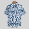 Men's Casual Shirts Antique Floral Blouses Male Blue And White Summer Short-Sleeved Design Aesthetic Oversize Beach Shirt Gift