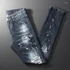 Hommes Jeans Street Fashion Hommes Rétro Noir Bleu Élastique Stretch Slim Fit Déchiré Perles Patché Designer Hip Hop Marque Pantalon