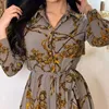 Spring And Autumn Style Musilin Womens Dress Middle Eastern Elegant Retract Printed Robe