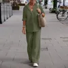 Kvinnors tvåbitar byxor 2023 Spring Cotton Linen Tracksuit Suft Lång ärmskjorta Loose Set Kvinnliga eleganta damer 2 uppsättningar