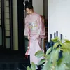 Etniska kläder Japan traditionell kimono robe klänning kvinnor flicka rosa tryck blomma yukata badrock hajuku kläder cosplay utför slitage